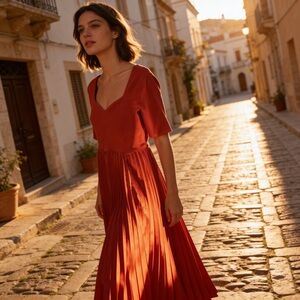 Elie Tahari Red Pleated Midi Dress | Elegant A-Line Party Dress